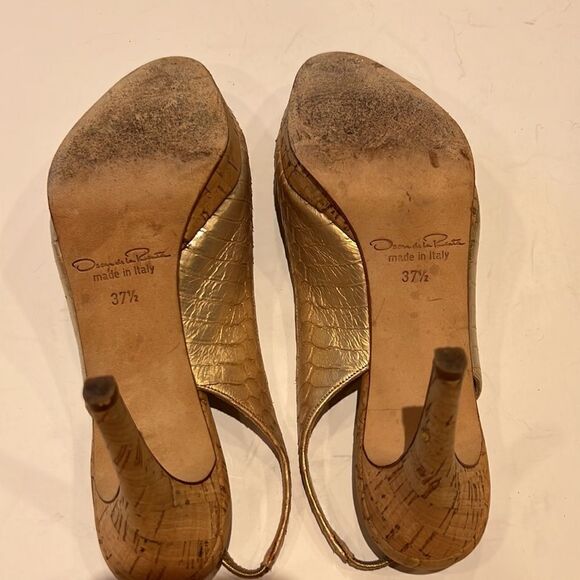 OSCAR DE LA RENTA Women’s Peep Toe Leather Slingback Heels Gold Size 37.5 - Picture 10 of 15